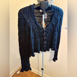 Natural Life Juliet Ruffle Black Button-Up Knit Cardigan L Large